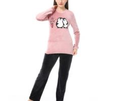 طقم بيجامة أندورا المخيطة - وردي باهت وأسود