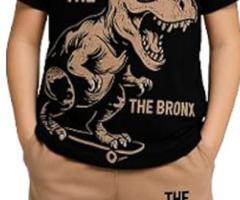 طقم أطفال ولادي تيشرت وبنطلون برسمة ديناصور